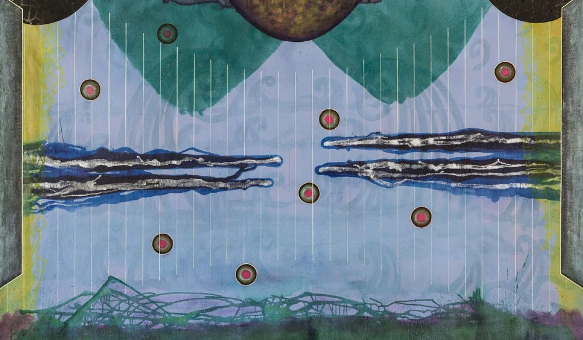 Afbeelding: Satch Hoyt, Afro Sonic Map #8, 2017, acryl op linnen, (210 x 150 cm). Foto: Trevor Lloyd Morgan.