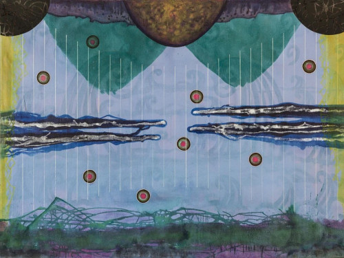 Afbeelding: Satch Hoyt, Afro Sonic Map #8, 2017, acryl op linnen, (210 x 150 cm). Foto: Trevor Lloyd Morgan.